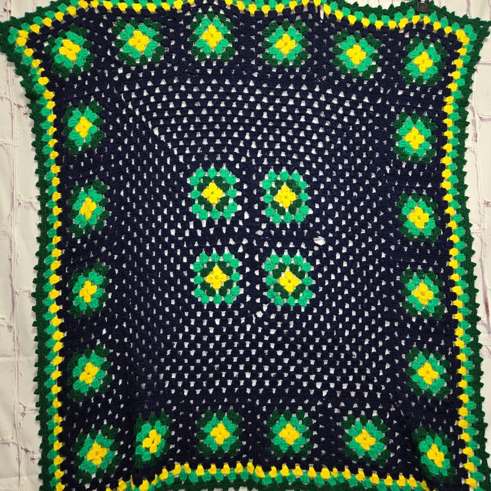 VTG Handmade Granny Square Crochet Afghan Blanket Navy Green Yellow Throw 48x40